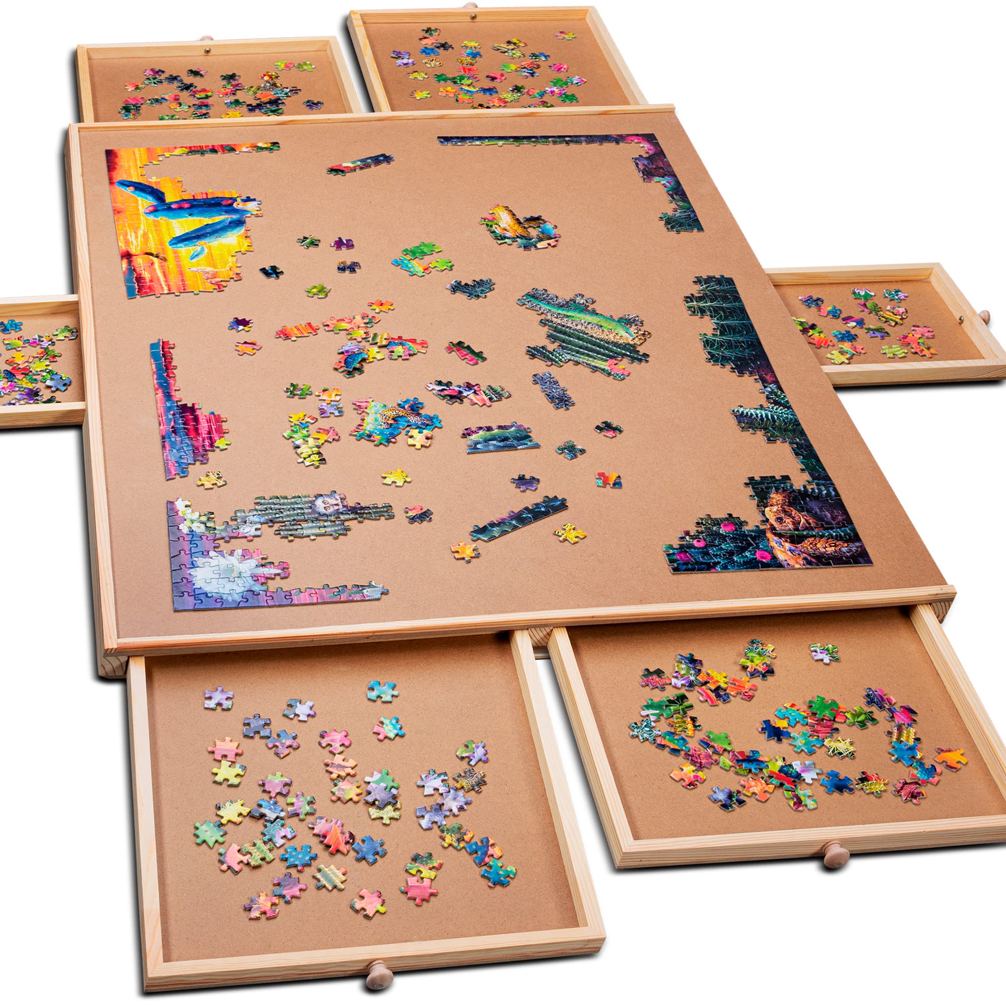 PLAYVIBE 1500 块木制拼图桌 - 6 个抽屉，拼图板 | 27 X 35 便携式拼图板 - 便携式拼图桌 |适合成人和儿童