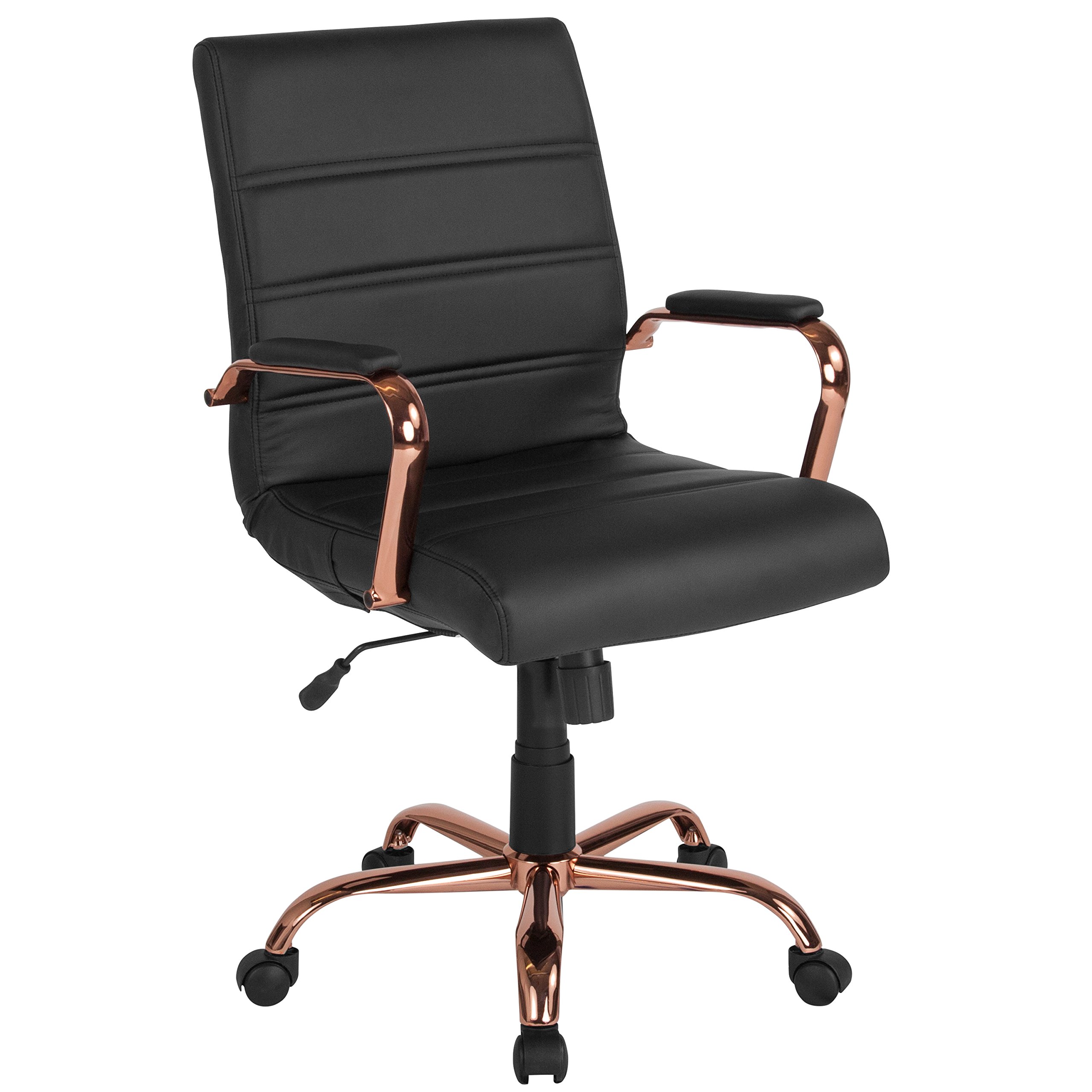 Flash Furniture 中靠背办公桌椅 - 黑色皮革软行政旋转办公椅，带玫瑰金框架 - 旋转扶手椅