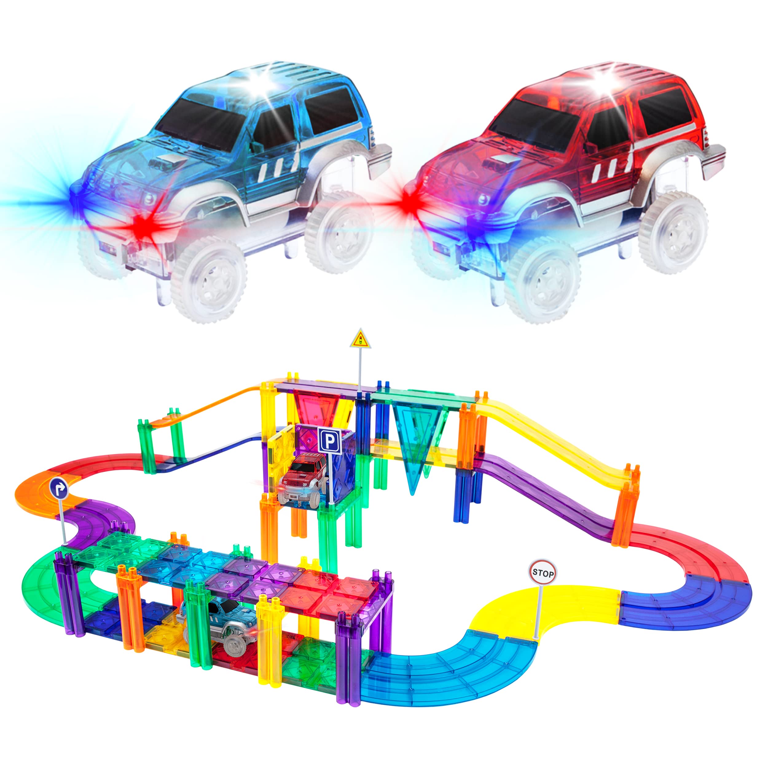 PicassoTiles 50 件赛车轨道积木教育玩具套装磁性瓷砖磁铁 DIY 玩具套装 2 件发光 STEM...