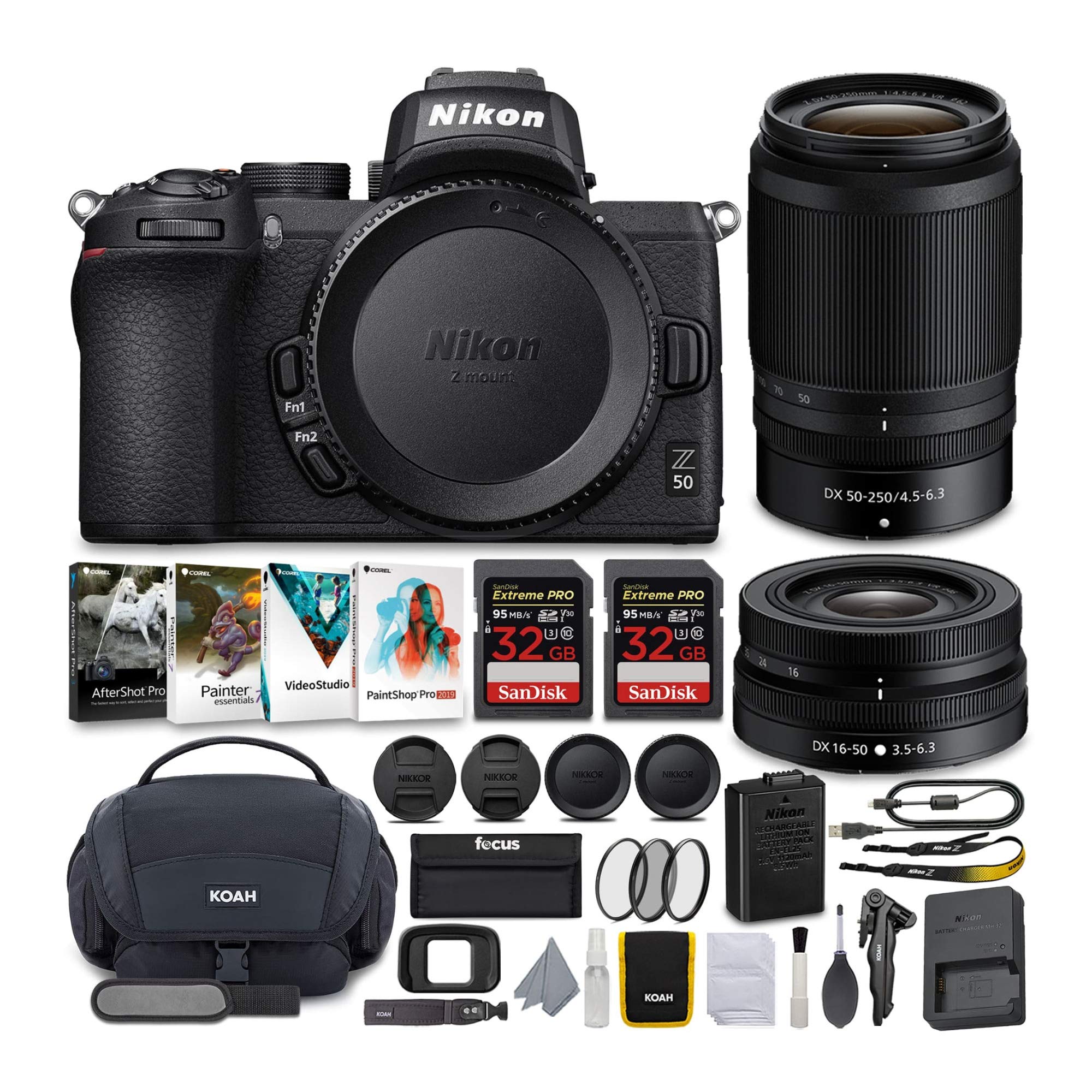 Nikon Z50 无反光镜相机配备尼克尔 Z 16-50 和 50-250mm VR 镜头以及 64GB 卡套件和豪华配件包（5 件）