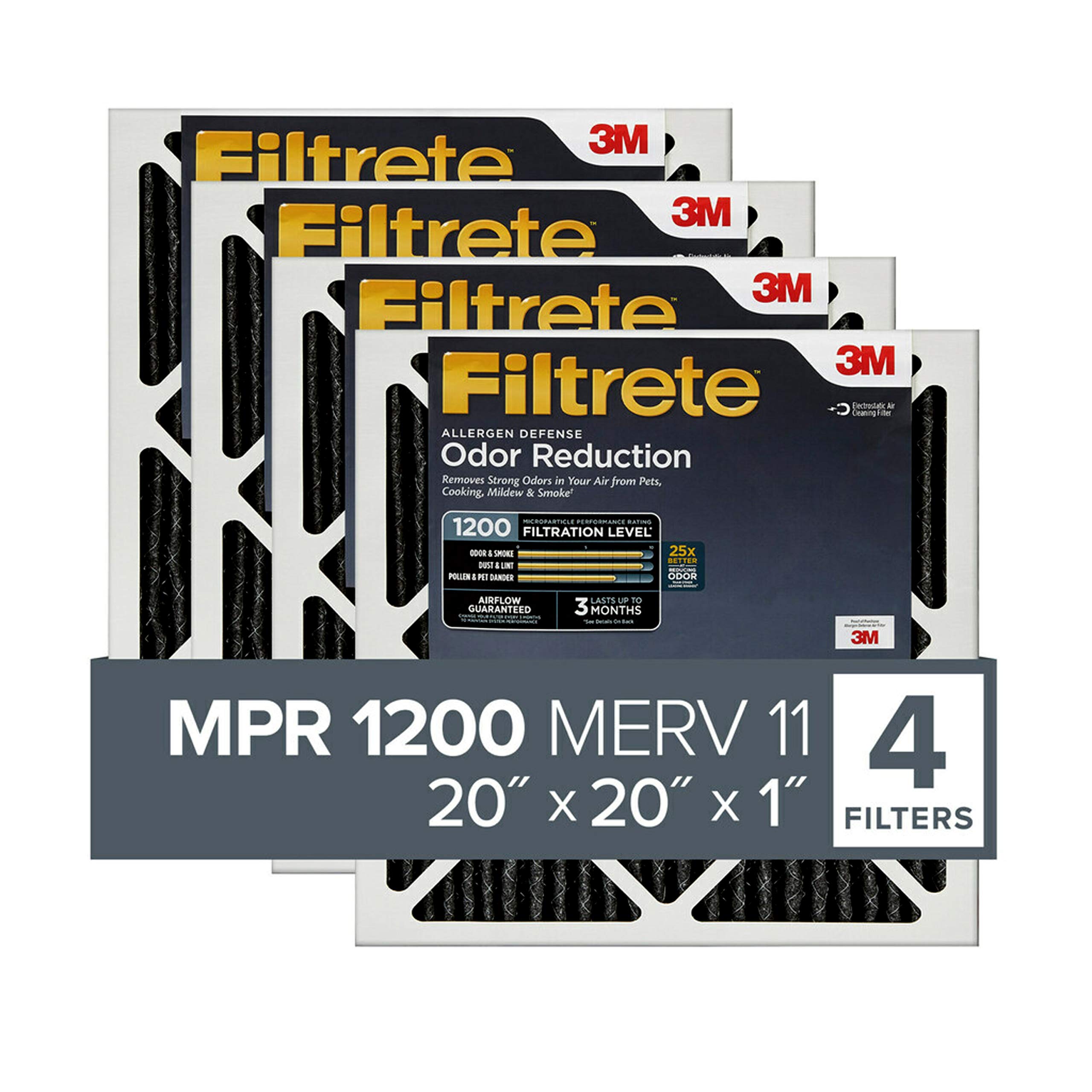 Filtrete 20x20x1 空气过滤器 MPR 1200 MERV 11，减少过敏原气味，4 件装（精确尺寸 19.69x19.69x0.81）