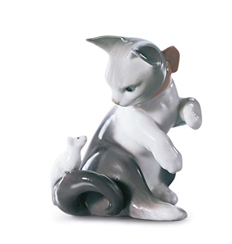 Lladró 猫和老鼠雕像。陶瓷猫像。