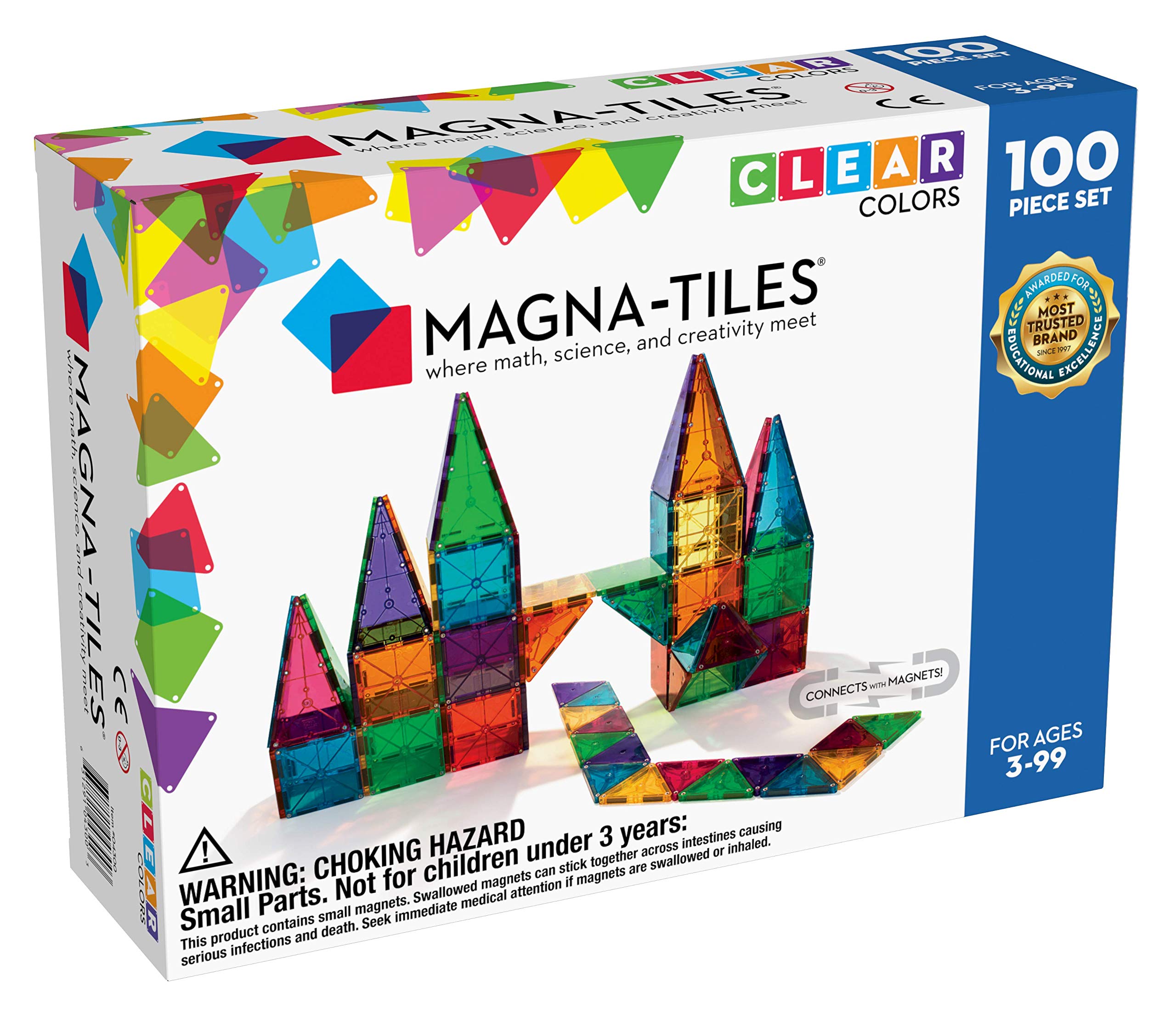 Magna Tiles Magna-Tiles 100 块透明颜色套装，原创磁性积木，适合创意开放式游戏，益智玩具，适合 3 岁以上儿童