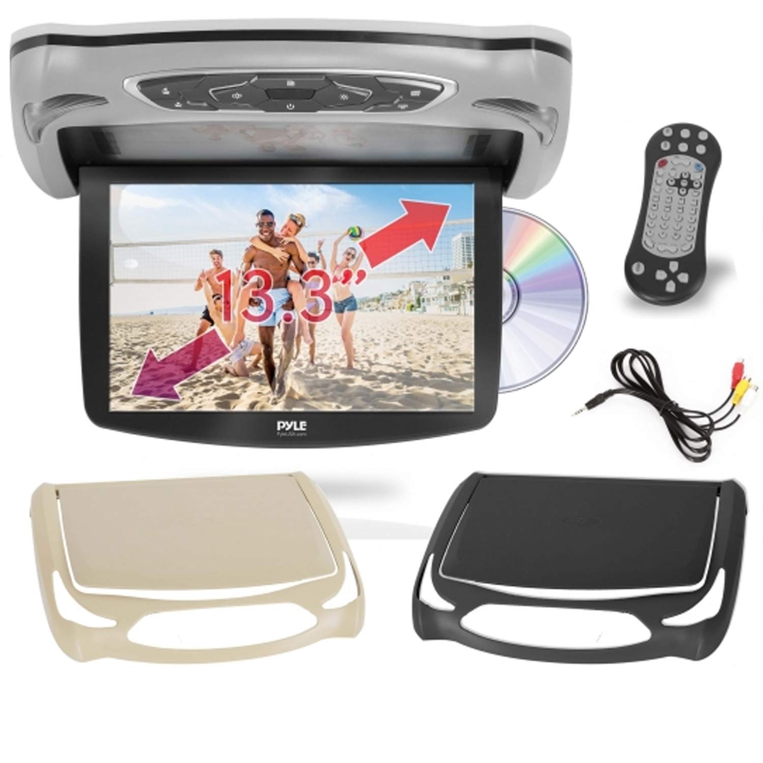 Pyle 汽车车顶安装 DVD 播放器显示器 13.3 英寸车辆下翻式顶置屏幕 - HDMI SD USB 卡输入，带内置红外发射器，适用于无线红外耳机，3 种颜色 - PLRD146