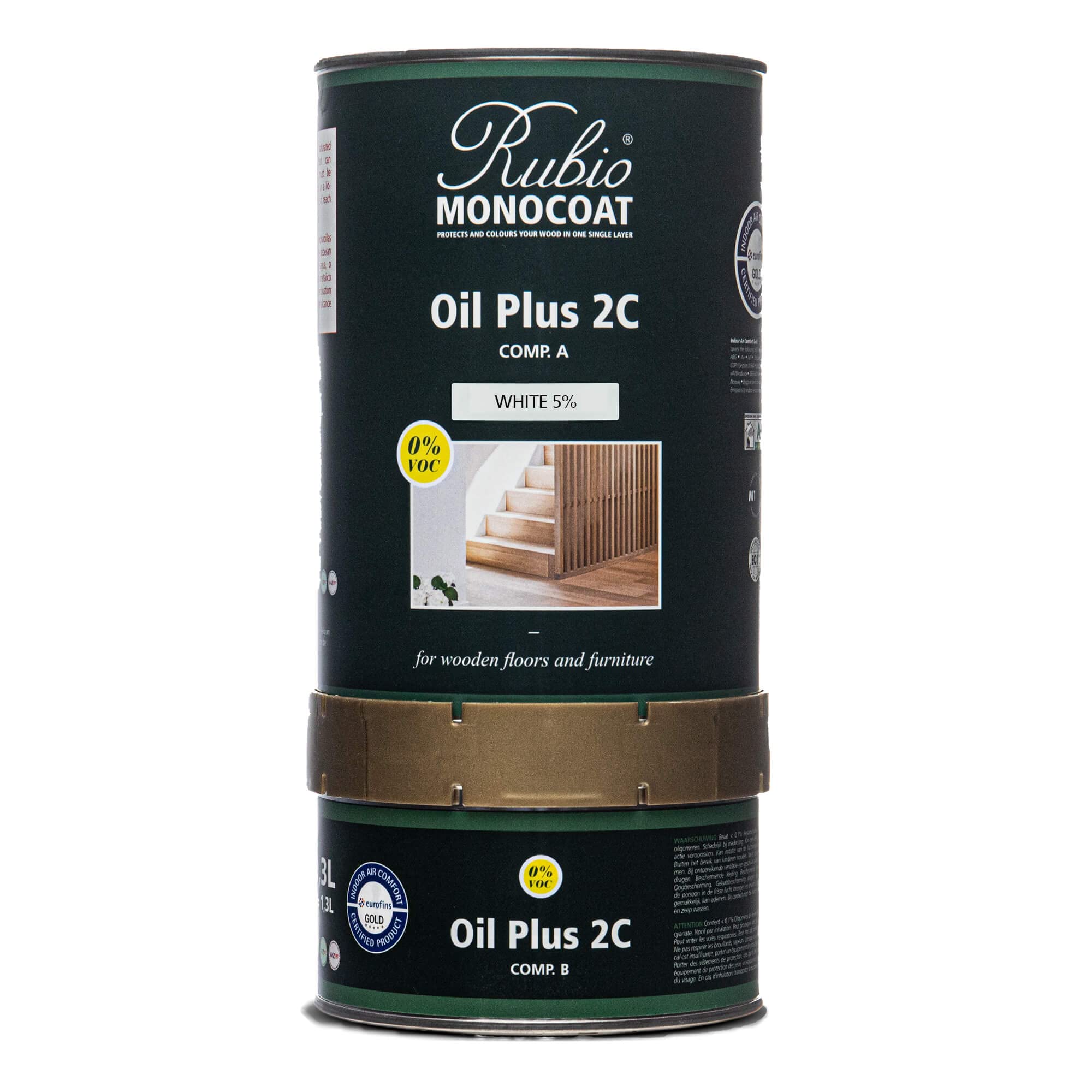 Rubio Monocoat Oil Plus 2C，1.3 升，白色 5%，室内木材染色和面漆，食品安全，简单的一层，亚麻籽油，植物基，不含 VOC/溶剂，家具和地板硬蜡油