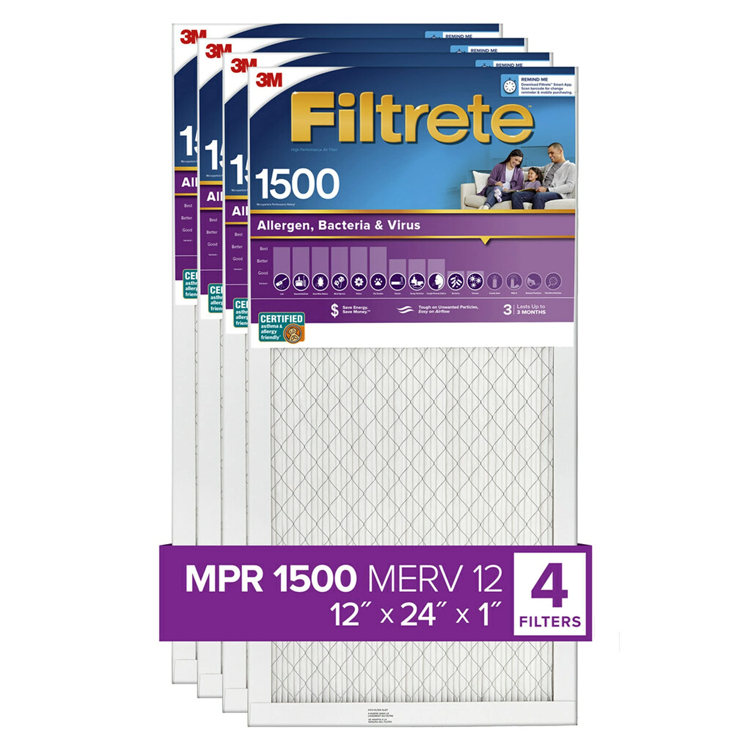 Filtrete 12x24x1 空气过滤器，MPR 1500，MERV 12，健康生活超过敏原 3 个月褶式 1 英寸空气过滤器，4 个过滤器