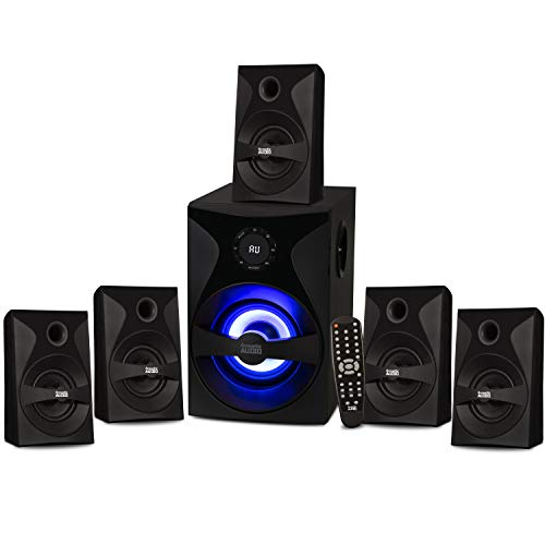 Acoustic Audio by Goldwood 蓝牙 5.1 环绕音响系统，带 LED 灯显示、FM 调谐器、USB 和 SD 卡输入 - 6 件套家庭影院扬声器套装，包括遥控器 - AA5400 黑色