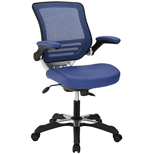 Modway 边缘网状靠背和白色素食皮革座椅办公椅，带蓝色上翻式双臂电脑桌