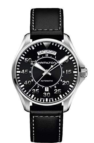 Hamilton 男士“卡其航空”瑞士自动不锈钢和黑色皮革休闲手表（型号：H64615735）