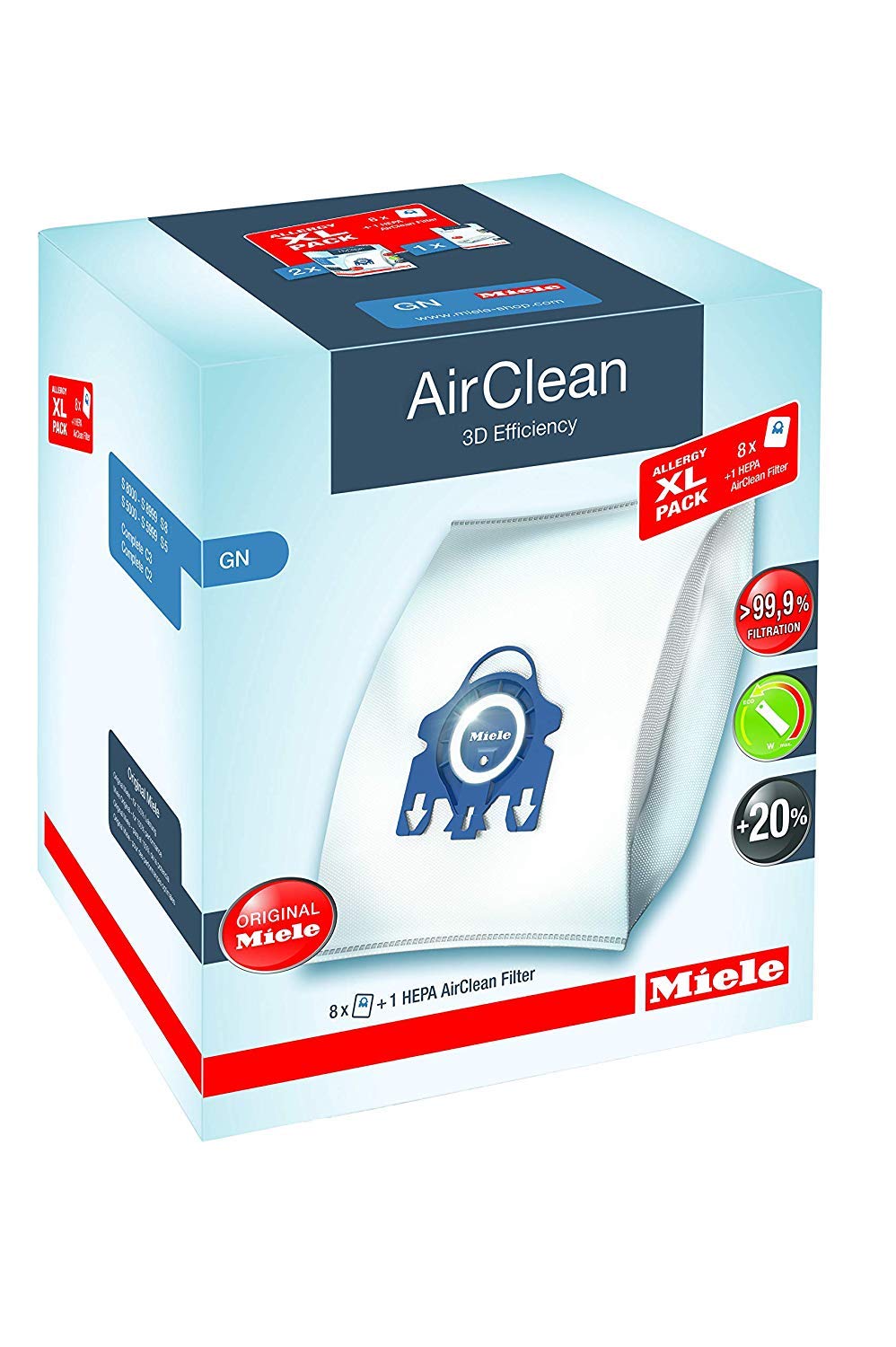 Miele AirClean 3D 高效集尘袋，GN 型，过敏 XL 装，8 个袋子，2 个电机前过滤器和 1 个 HEPA 过滤器