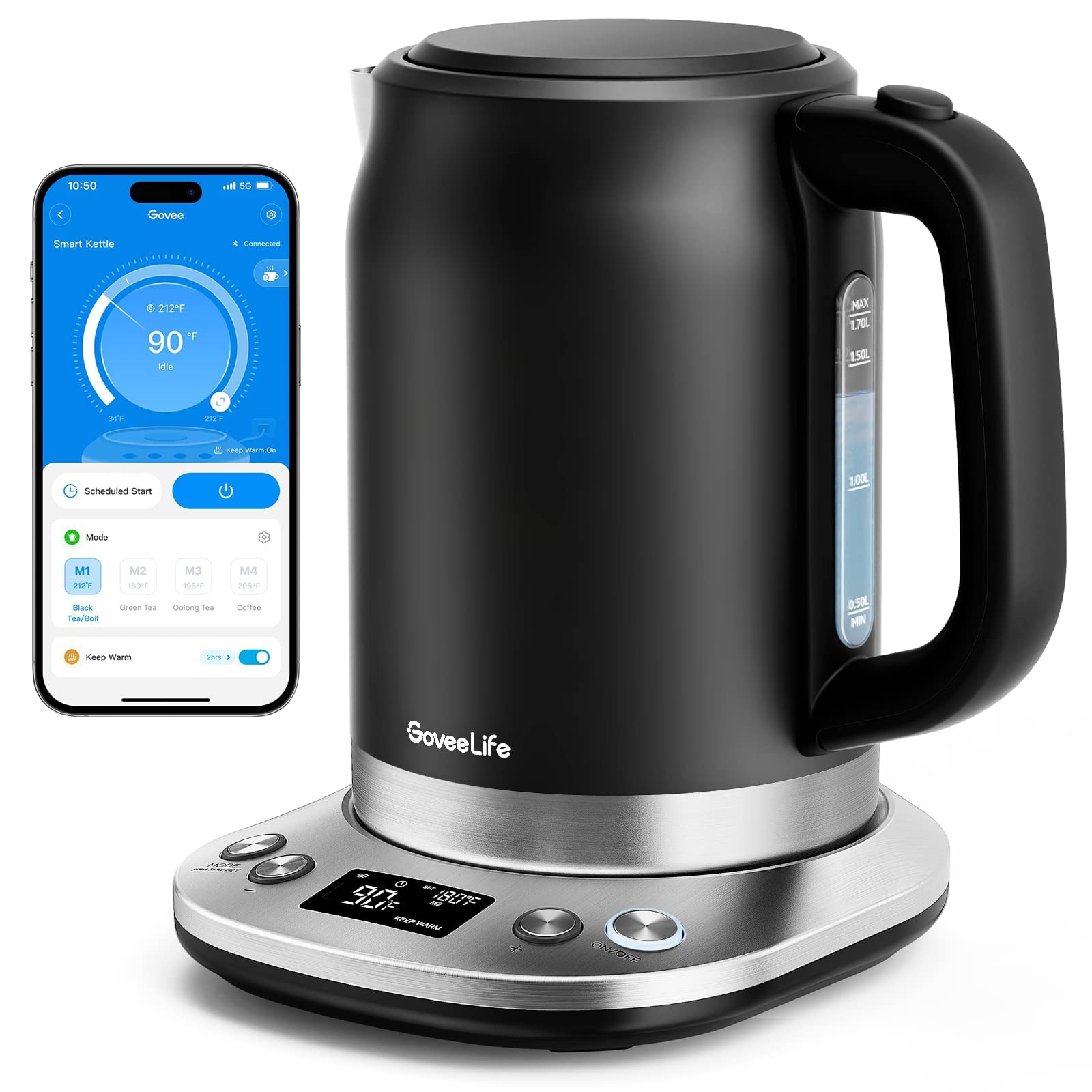 Govee Life 智能电热水壶温度控制，带 Alexa 控制功能的 WiFi 电茶壶，1500W 快速煮沸，2 小时保温，1.7L 不含 BPA 不锈钢开水器，适用于茶、咖啡、燕麦片
