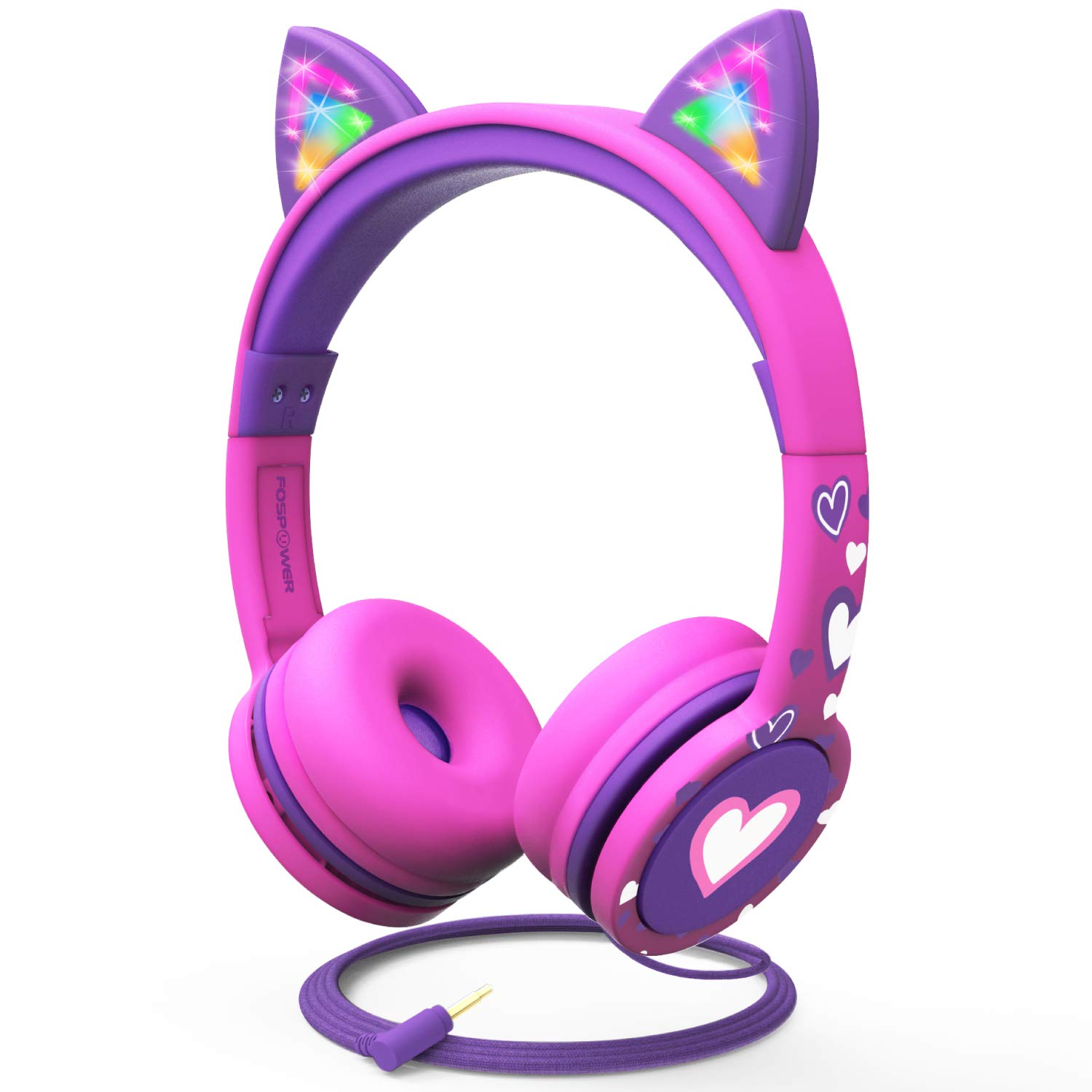 FosPower 儿童耳机带 LED 发光猫耳 3.5 毫米儿童贴耳式音频耳机带系带防缠线（最大 85dB）- 亮粉色/紫色
