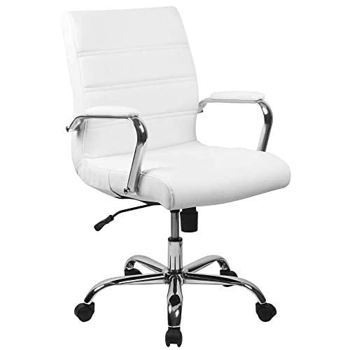 Flash Furniture 中靠背办公桌椅 - 白色皮革软行政旋转办公椅，带镀铬框架 - 旋转扶手椅...