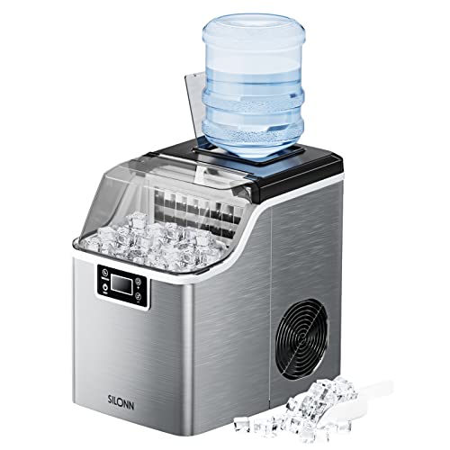Silonn 台面制冰机，每天 45 磅，自动自清洁，13 分钟内制冰 24 块，2 种加水方式，适合家庭办公室酒吧派对的紧凑型制冰机 SLIM02