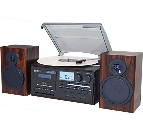  Boytone BT-28MB，蓝牙经典风格电唱机转盘，带 AM/FM 收音机、CD/盒式磁带播放器、2 个独立立体声扬声器，可从黑胶唱片、收音机和盒式磁带录制到 MP3、SD...