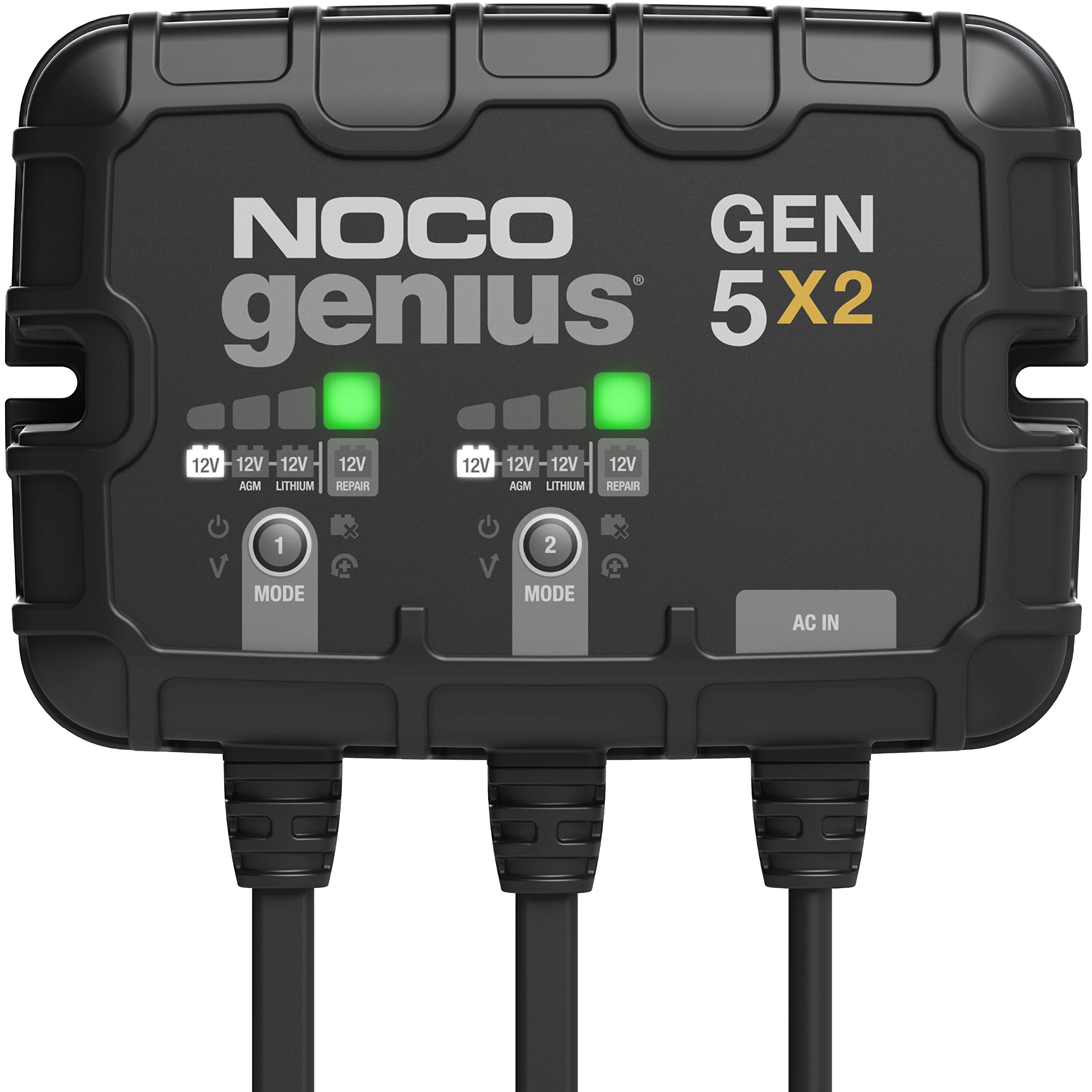 NOCO Genius GEN5X2、2 组、10A（5A/组）智能船用电池充电器、12V 防水船载充电器、AGM、锂 (LiFePO4) 和深循环电池的电池维护器和脱硫器