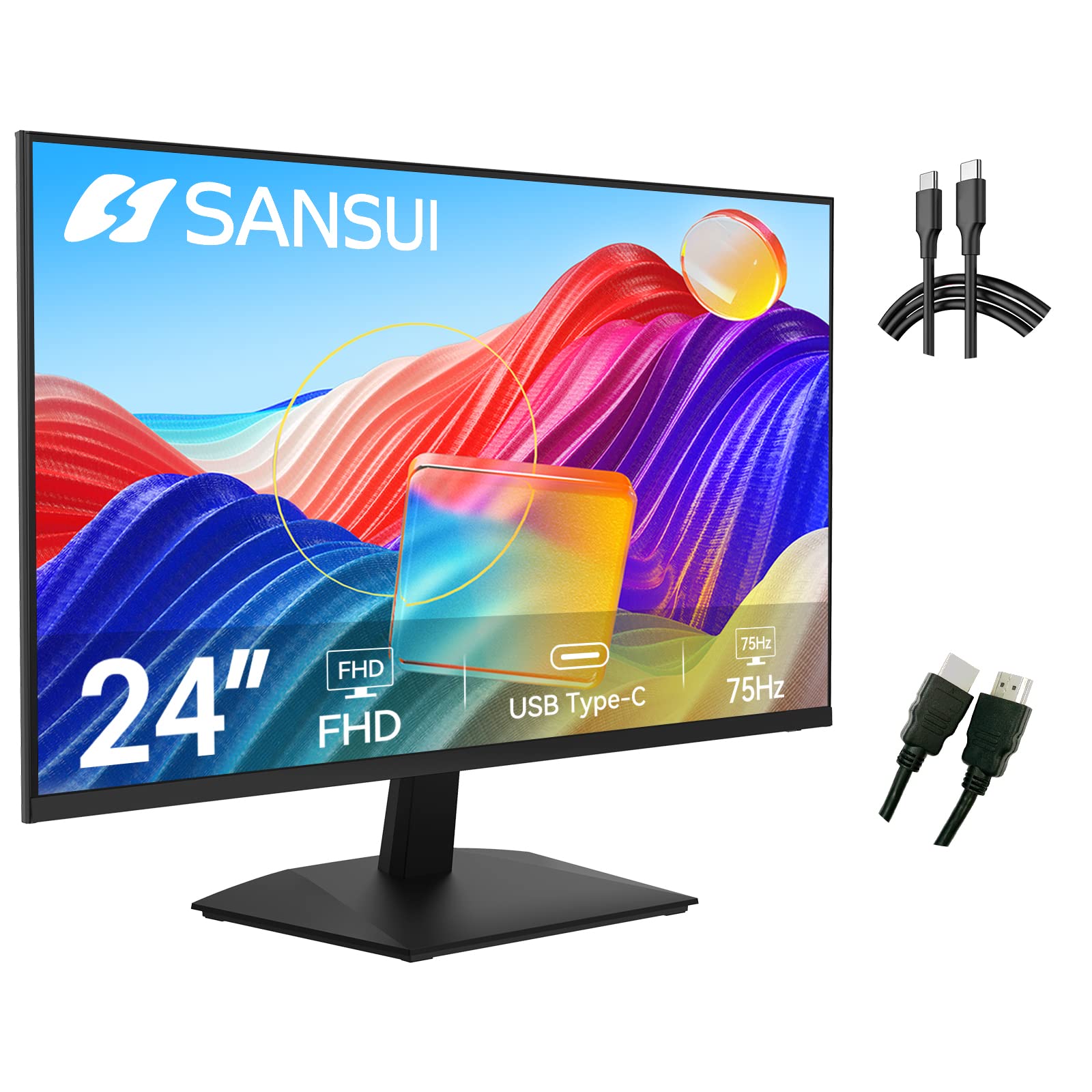  Sansui 显示器 24 英寸全高清 PC 显示器，带 USB Type-C、内置扬声器、耳机、超薄人体工学倾斜护眼 75Hz，带 HDMI VGA，适合家庭办公（随附 ES-24F1 Type-C 电缆和...