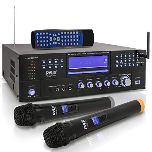 Pyle 4 通道卡拉 OK 家用无线麦克风放大器 - 音频立体声接收系统、内置 CD DVD 播放器、双 U...