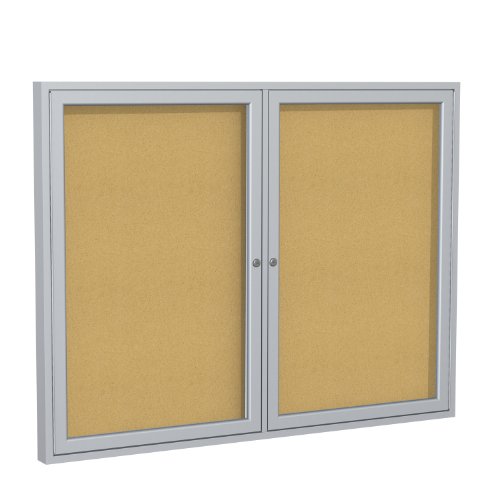 Ghent 3' x 4' 2 门室内封闭式公告板，防碎，带锁，缎面铝框架 - 天然软木 (PA234K) 美...