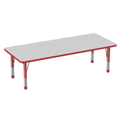 Factory Direct Partners 30 英寸 x 72 英寸矩形 T 型儿童教室可调节活动桌，带标准腿和旋转滑轨 - 灰色/红色