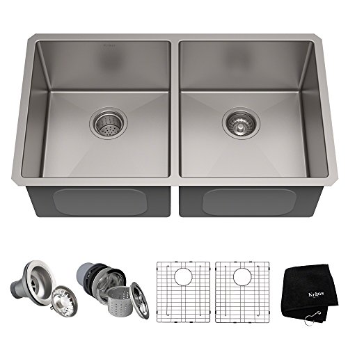Kraus 标准 PRO 33 英寸 16 号台下式 50/50 双碗不锈钢厨房水槽，KHU102-33...