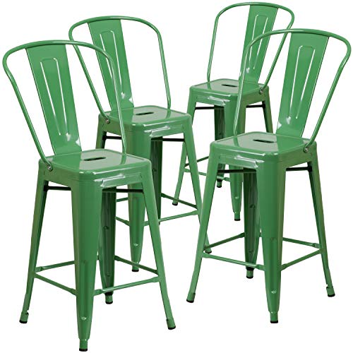 Flash Furniture 商业级4件装24'高绿色金属室内外柜台高凳，可移动背