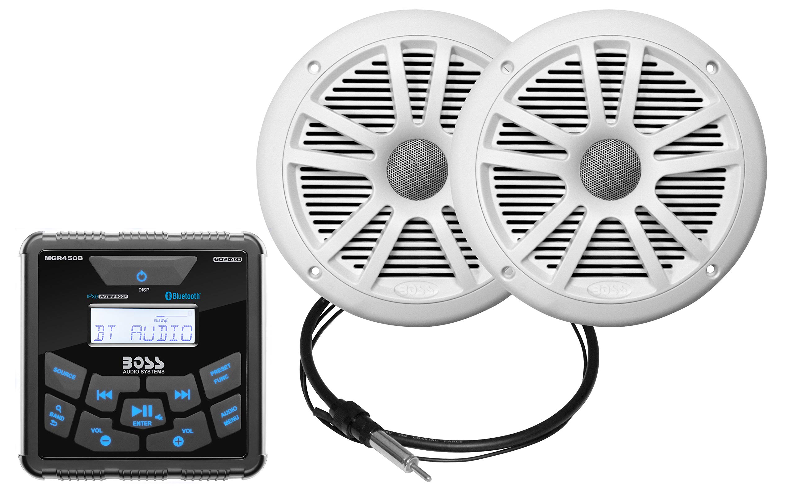  BOSS Audio Systems 系统 MCKGB450W.6 防风雨船用仪表接收器和扬声器套件 - IPX6 接收器、6.5 英寸扬声器、蓝牙音频、USB MP3、AM FM、NOAA 天气波段调谐器、无 CD...