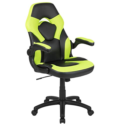 Flash Furniture X10游戏椅赛车办公室，符合人体工学的计算机PC可调式带旋转臂的转椅，霓虹绿/黑色LeatherSoft，通过BIFMA认证