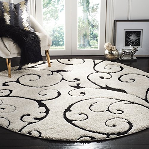 Safavieh Florida Shag Collection SG455-1290滚动藤象牙色和黑色优美旋流圆形地毯（直径6'7'）
