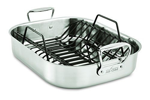 All-Clad E752S264小型11英寸x 14英寸不锈钢安全洗碗机烤箱，带不粘锅架炊具，14英寸，银色