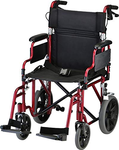 NOVA Medical Products 带锁紧手刹的NOVA轻型运输椅，12个？后轮，可拆卸和翻转臂，易于转移，包括防倒车，红色