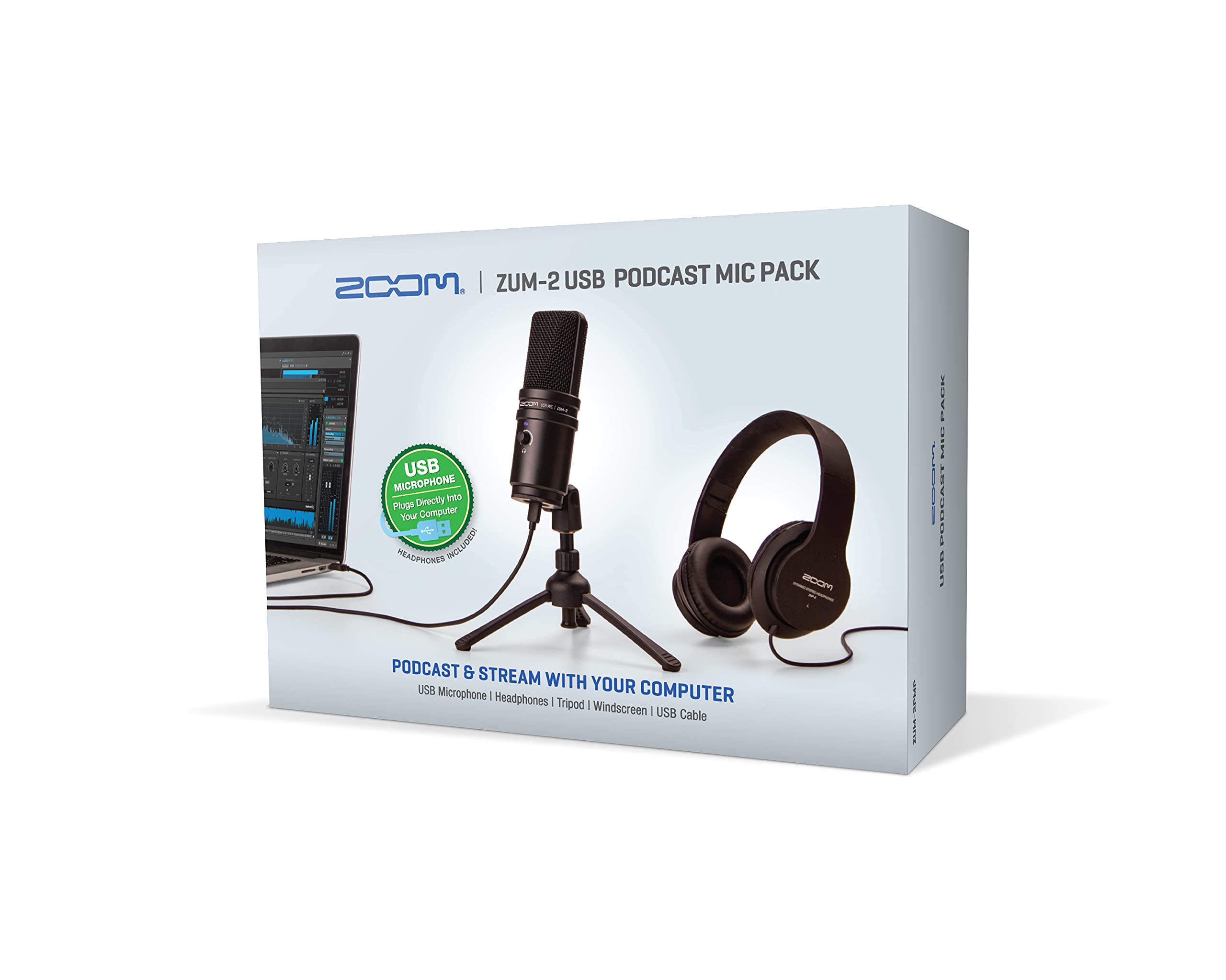 Zoom ZUM-2 播客麦克风包、播客 USB 麦克风、耳机、三脚架、防风罩、USB 线，用于录制和串流播客、音乐、画外音等