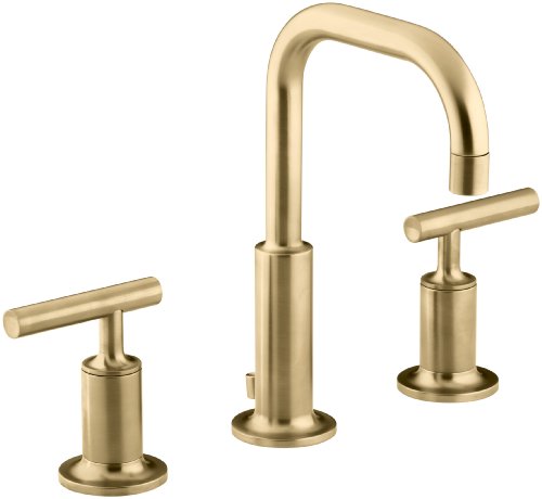 KOHLER 浴室水龙头，浴室水槽水龙头，纯粹系列，2 把手通用水龙头，带金属排水管，充满活力的现代拉丝金色，K-14406-4-BGD