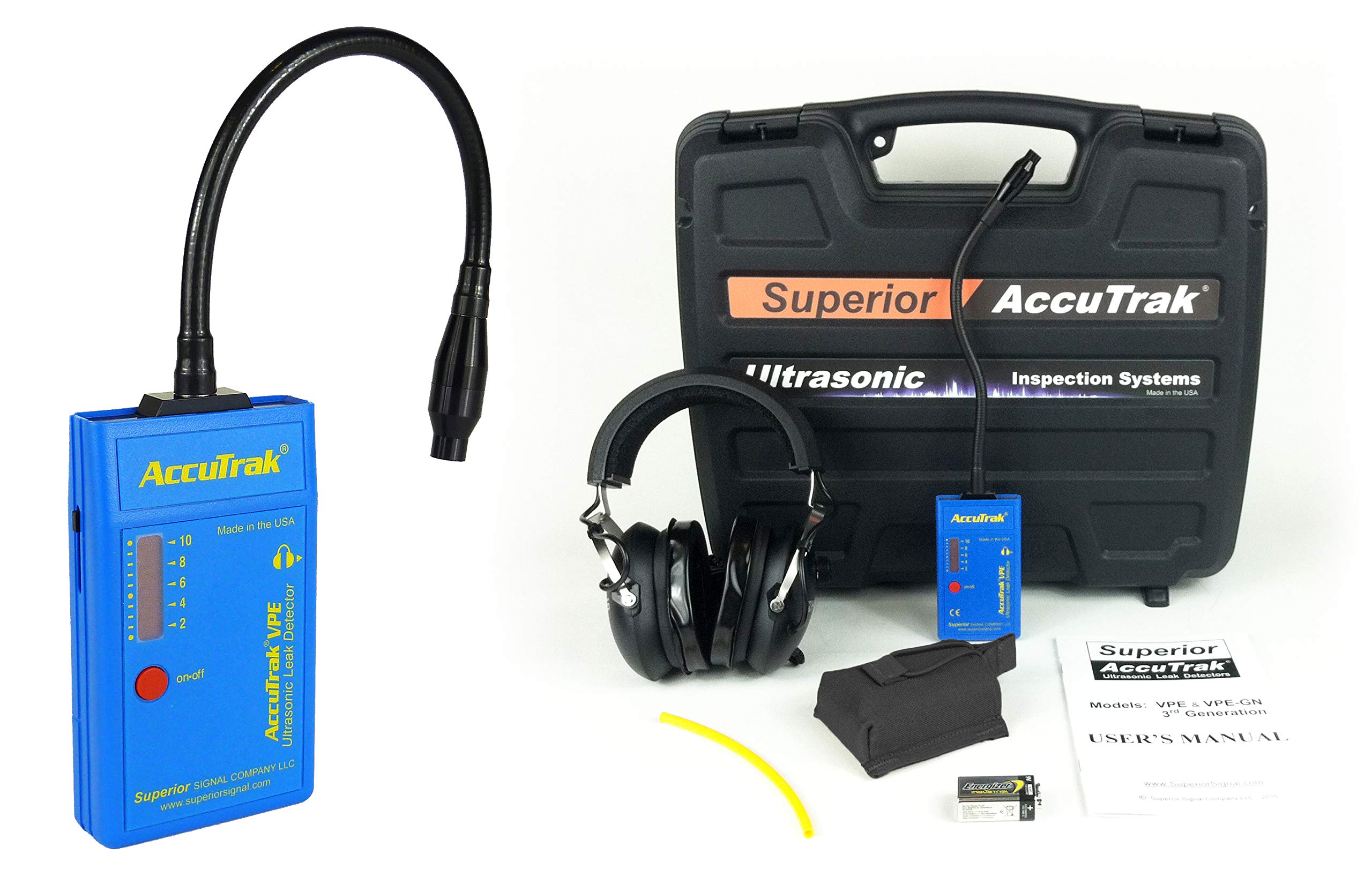 AccuTrak 卓越的 VPE-GN PRO 鹅颈式超声波检漏仪专业套件，包括 VPE 检漏仪、耳机、电池、大号便携包、波导、隔音耳机