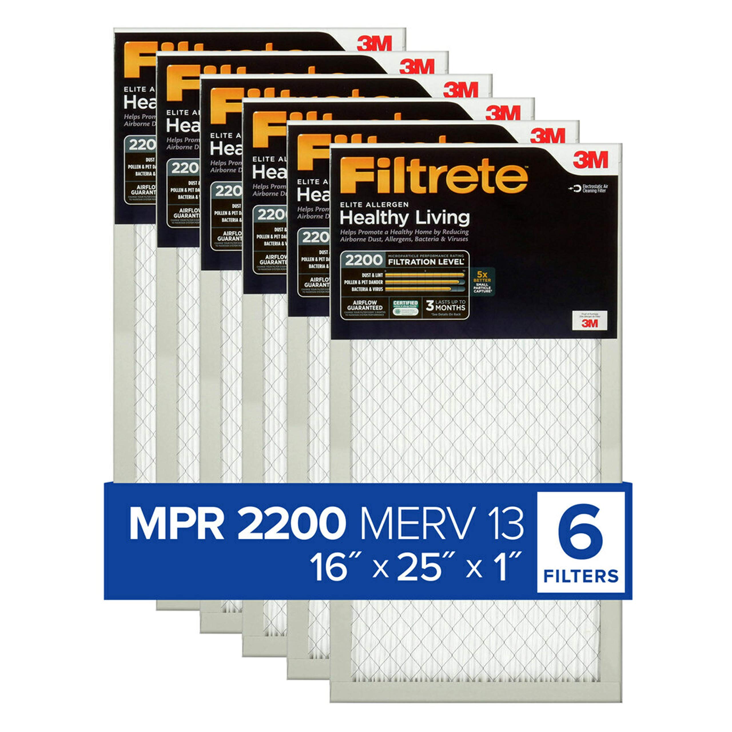 Filtrete 16x25x1 空气过滤器，MPR 2200，MERV 13，健康生活 Elite Allergen 3 个月褶式 1 英寸空气过滤器，6 个过滤器