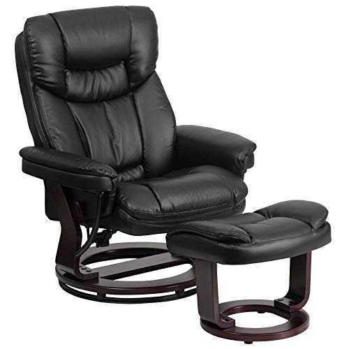 Flash Furniture 当代多位置躺椅和带旋转桃花心木底座的弯曲奥斯曼帝国黑色皮革...