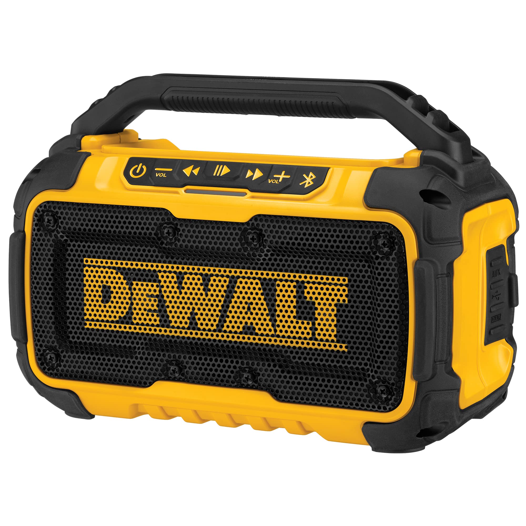 DEWALT 20V 最大蓝牙扬声器，范围 100 英尺，耐用，适合工作现场，含手机支架，单次充电可持续 8-10 小时 (DCR010)，黄色/黑色