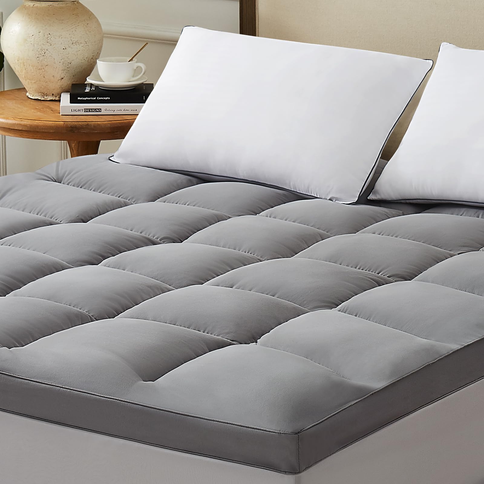 Homemate Cal King 床垫罩，1800TC 冷却床垫套，适合深度睡眠，超厚 3D 雪绒替代超填充毛绒枕头顶，带 8-21 英寸深口袋 - Cal King 尺寸，灰色