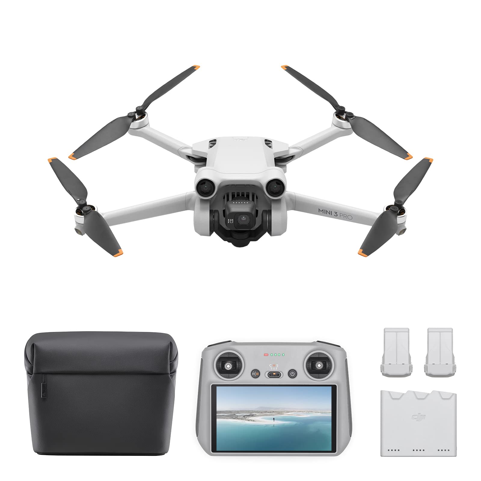 DJI Mini 3 Pro ( RC) 和 Fly More 套件加上轻型可折叠摄影无人机，具有 4K/60fps 视频、47 分钟飞行时间、三向障碍物感应、航空摄影的理想选择