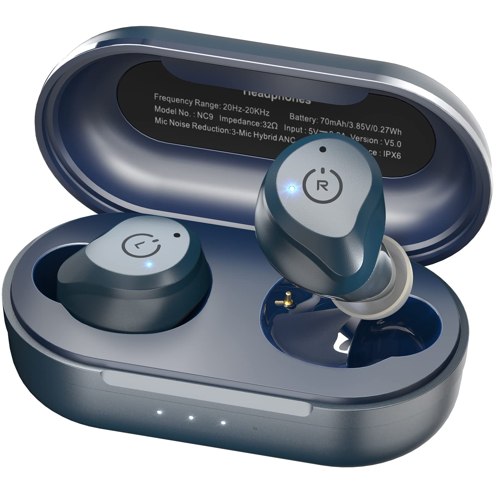 TOZO NC9 2022 版混合主动降噪无线耳塞，入耳式耳机 IPX6 防水蓝牙 5.3 立体声耳机，沉浸式音质高级深低音耳机宝蓝色