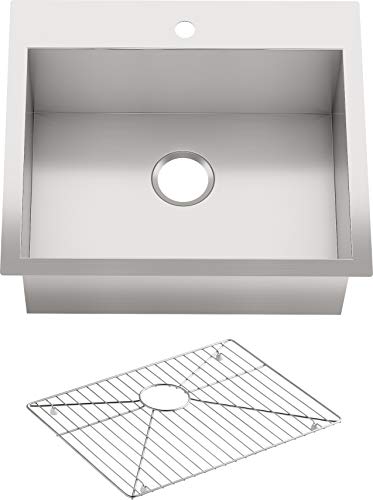 KOHLER Vault 25' 单碗 18 号不锈钢厨房水槽，带单水龙头孔 K-3822-1-NA 嵌入式或...