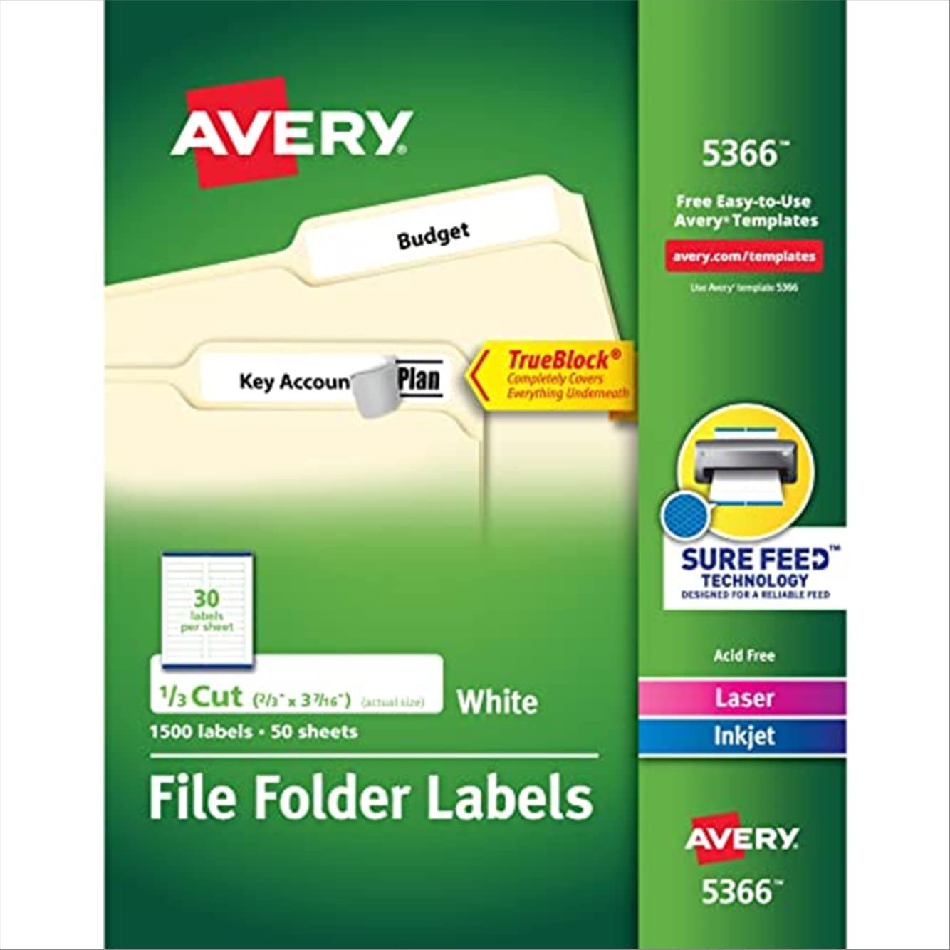 Avery 采用 TrueBlock 技术的激光和喷墨打印机的文件夹标签...