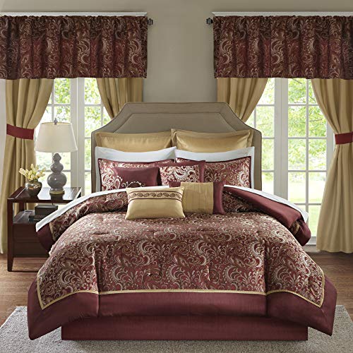 Madison Park Brystol 24件装袋装房间，配有人造丝被，提花佩斯利设计与窗帘搭配-羽绒，全季防过敏床上用品，皇后，红色