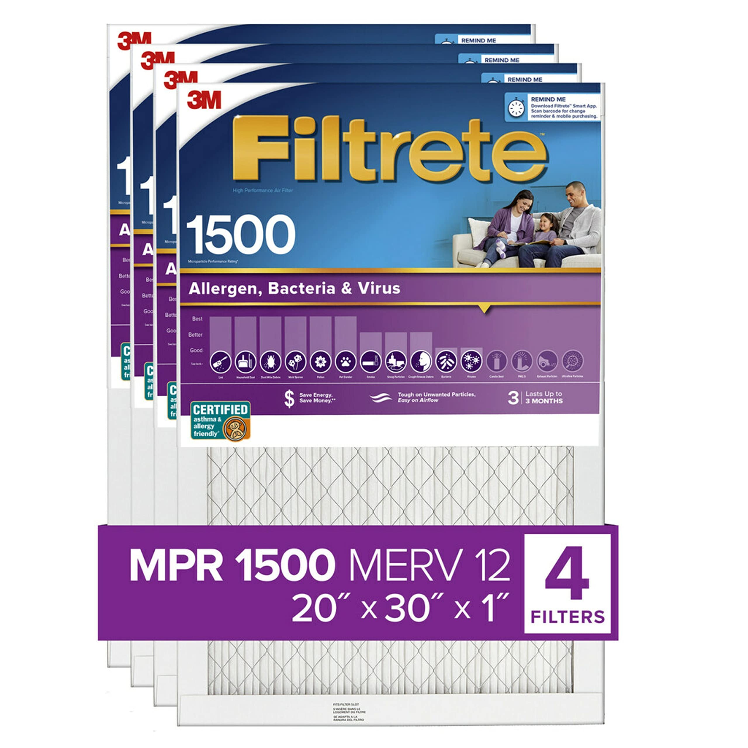 Filtrete 20x30x1 空气过滤器，MPR 1500，MERV 12，健康生活超过敏原 3 个月褶式 1 英寸空气过滤器，4 个过滤器