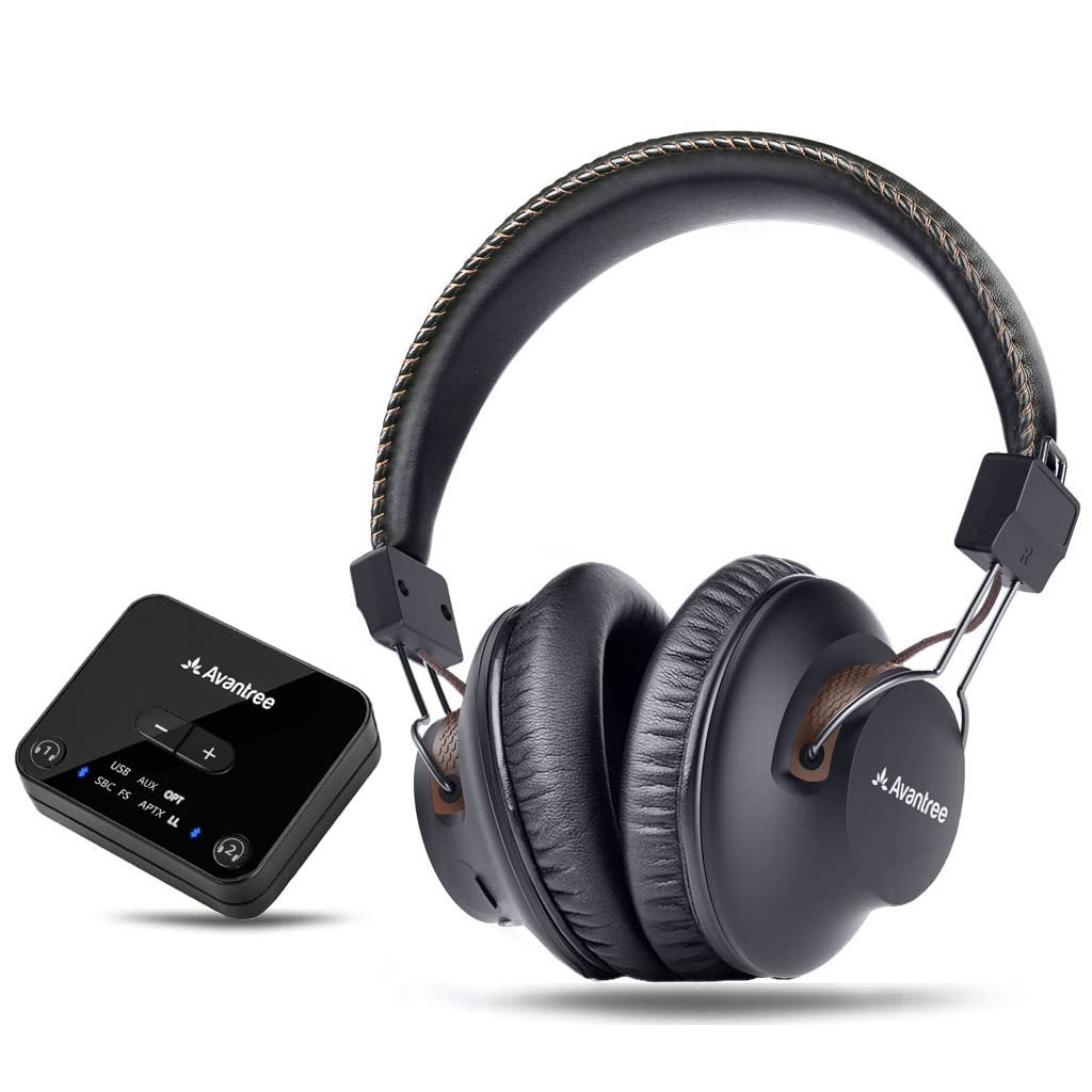 Avantree HT4189 40 小时无线耳机套装，用于观看电视，带蓝牙发射器（数字光学 AUX RCA），无延迟，双链路支持，适合老年人的大音量包耳式耳机，远距离