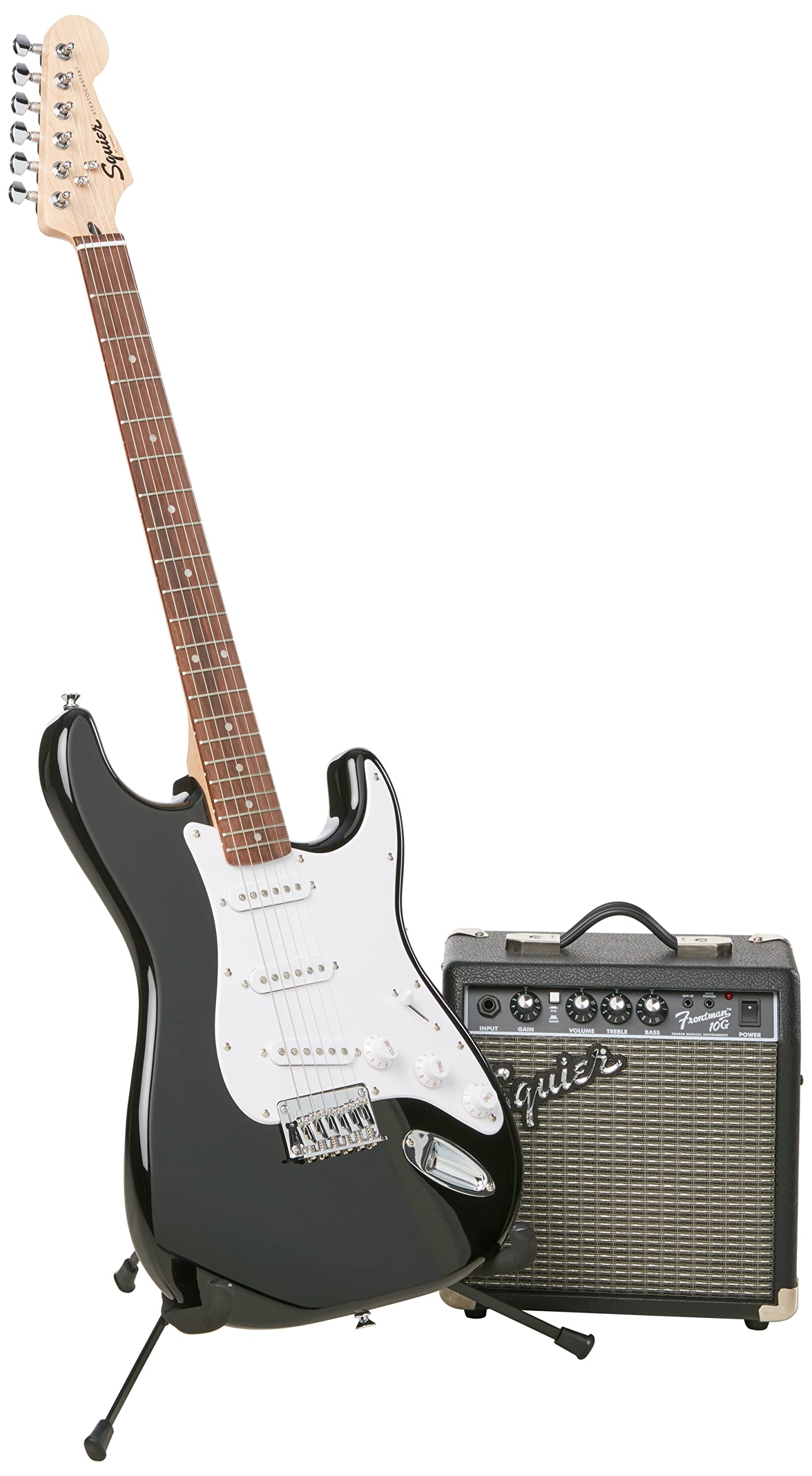 Squier Stratocaster 电吉他初学者入门包，黑色，Laurel 指板，包括 Frontman 10G 吉他放大器、加垫琴包、线缆、背带等