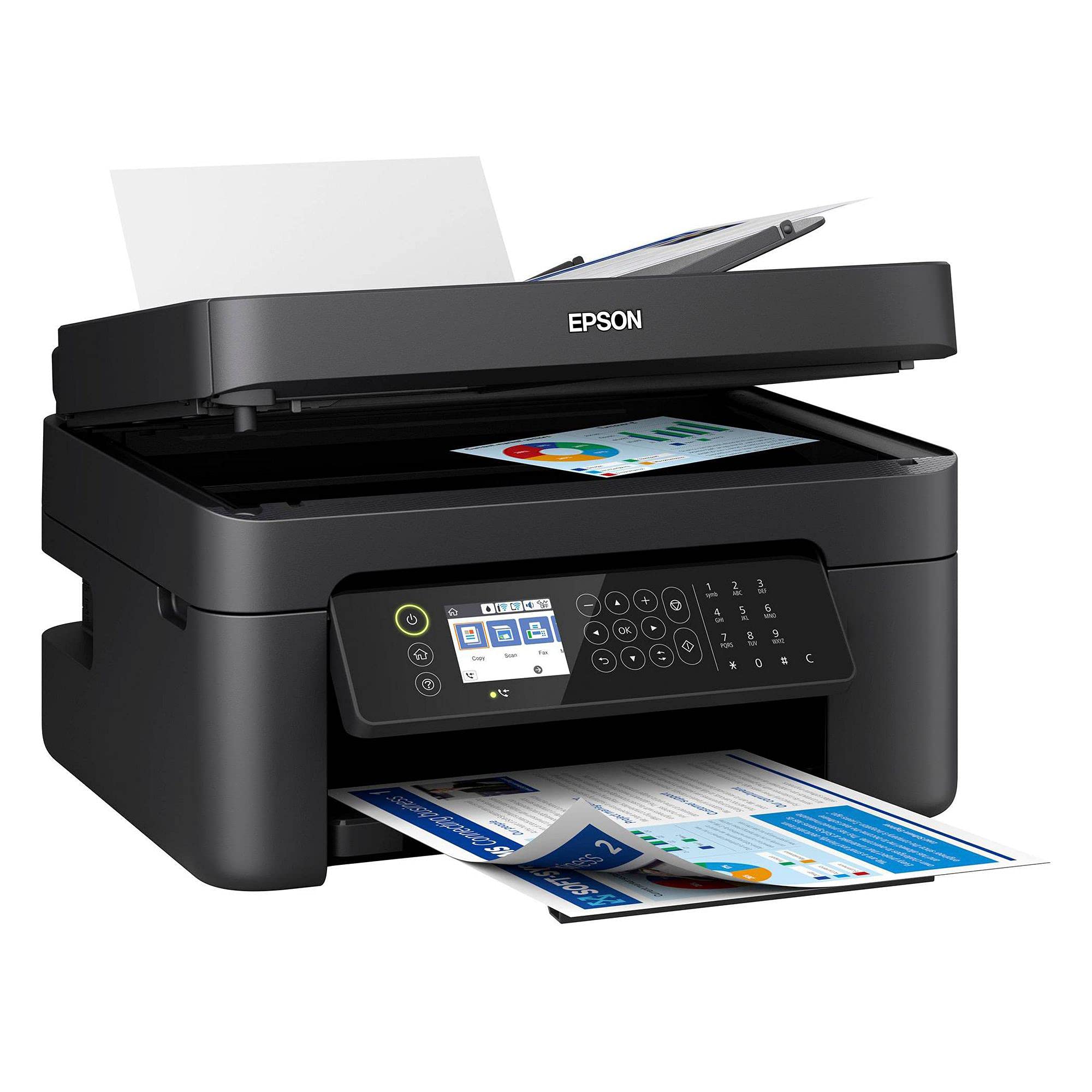 Epson Workforce WF-2850 一体式无线彩色喷墨打印机，黑色 - 打印 扫描 复印 传真 - 10 ppm，5760 x 1440 dpi，8.5 x 14，自动双面打印，30 页 ADF，声控，DAODYANG