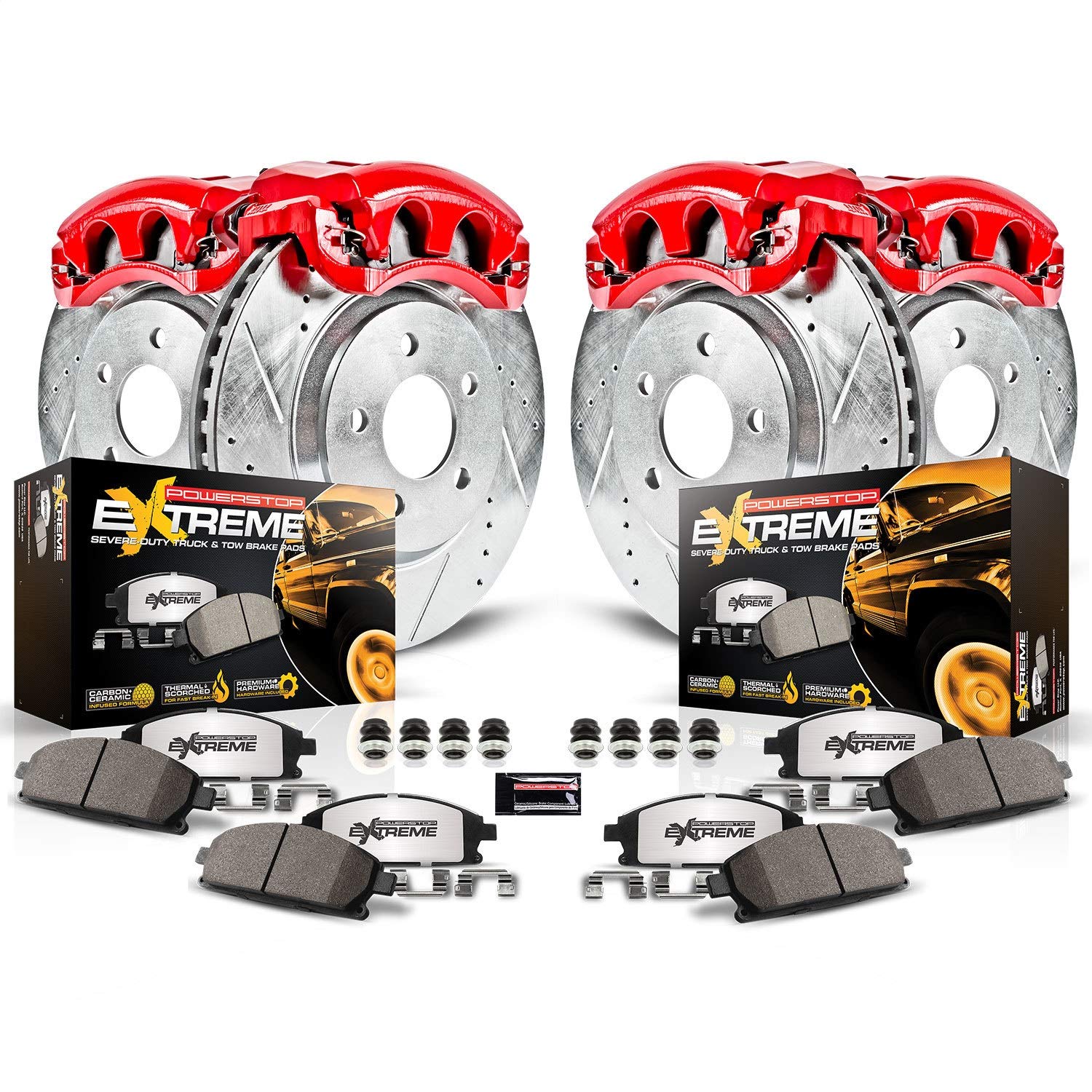 Power Stop KC1906A-36 Z36 Front and Rear Truck & Tow Brake Kit Brake Rotors Carbon-Fiber Ceramic Brake Pads and Calipers For 2000-2005 Ford Excursion 4WD | 2000-2004 F-250 F-350 Super Duty 4WD SRW