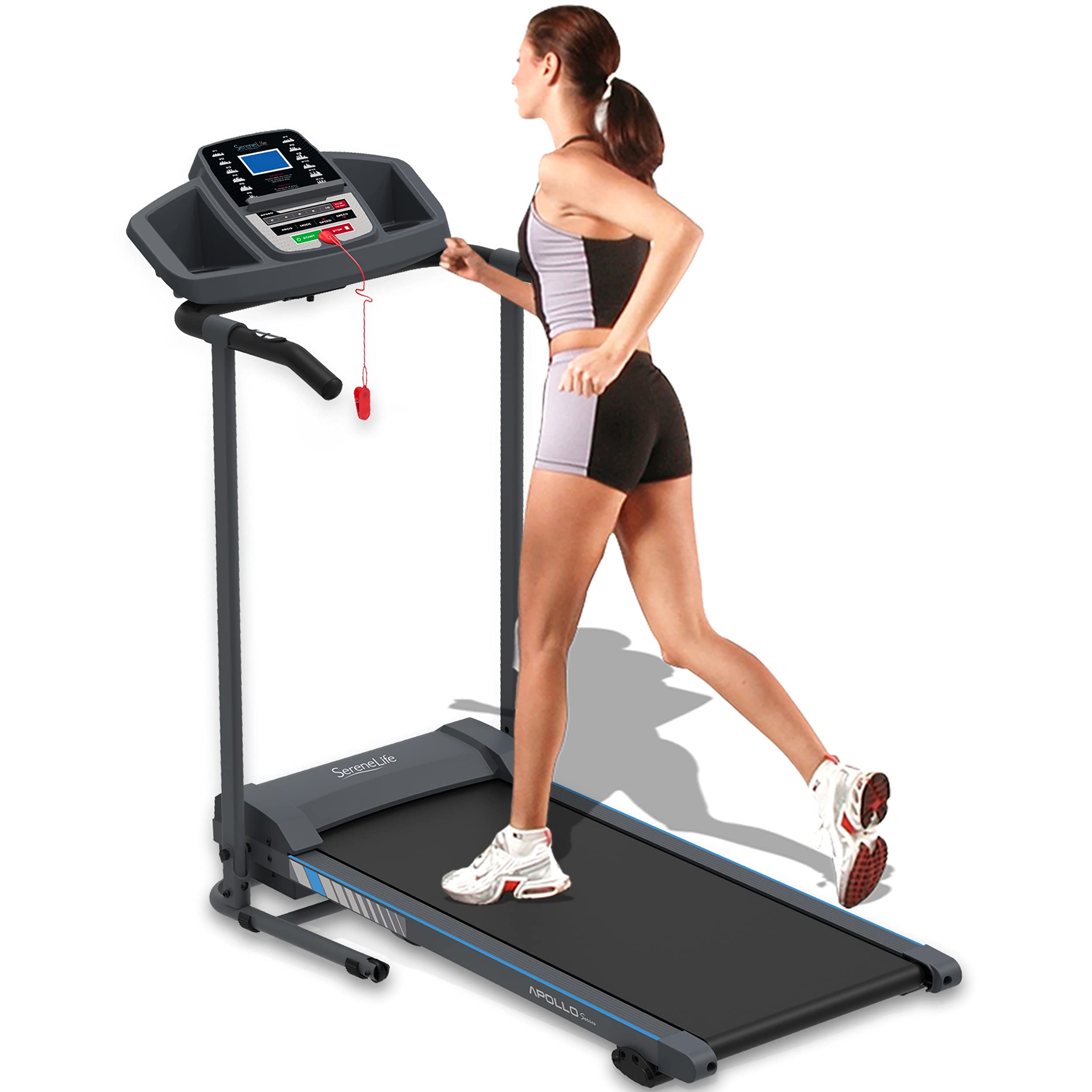 SereneLife 折叠跑步机 - 带液晶屏的可折叠家用健身器材，用于步行和跑步 - 有氧运动机 - 预设和...