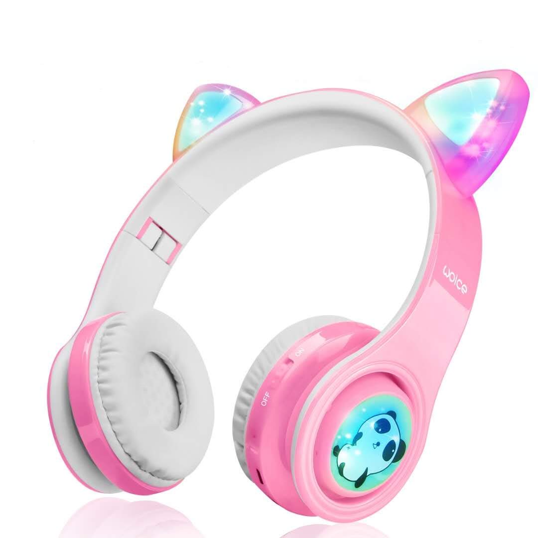 Woice 女童无线耳机，LED 闪光灯，音乐分享功能，立体声，SD 卡插槽和内置麦克风无线/有线儿童蓝牙女童耳机 (粉色)